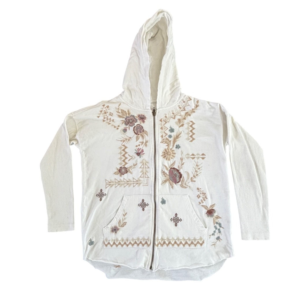 CAITE Embroidered Floral Full Zip Up Hoodie White Handmade sz S Oversize Raw Hem